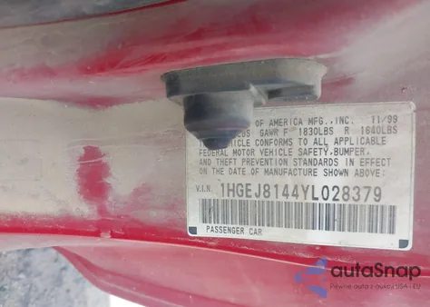 2000 Honda Civic Ex z USA, uszkodzony, nr VIN 1HGEJ8144YL028379